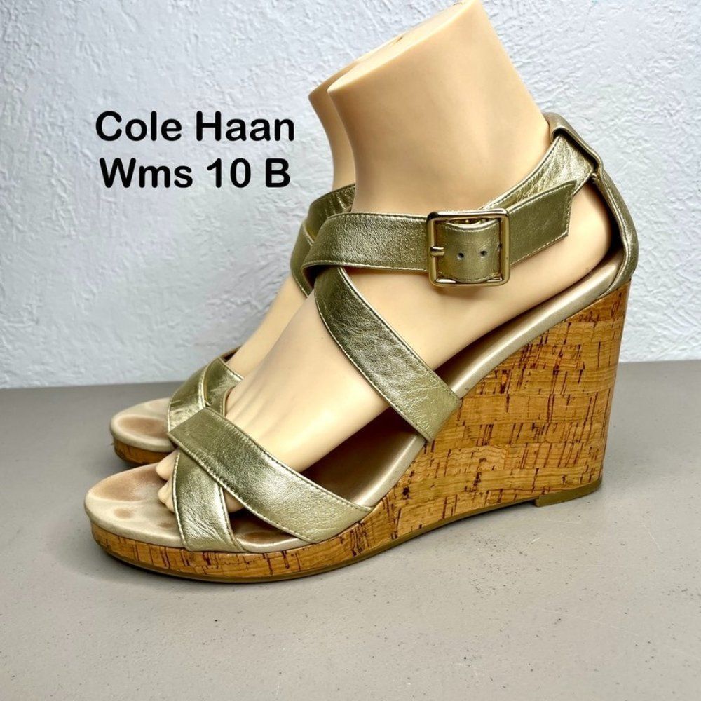 Cole Haan Womens Jullian Metallic Gold Open‎ Toe Platform Wedge Sandal Size 10B